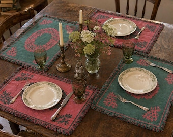Vintage Woven Reversible Placemats Set of 4 Teal Green Coral Pink Floral Fringe