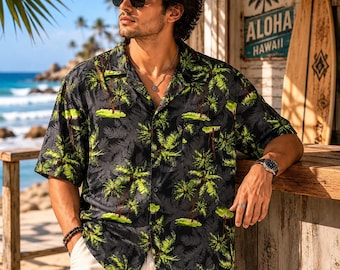 Puritan Mens Large Hawaiian Shirt Neon Green Palm Tree Tropical Rayon Grey Black