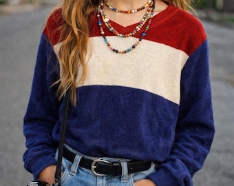 Vintage kinderen rood wit blauw colorblock badstof v-hals kindershirt 16