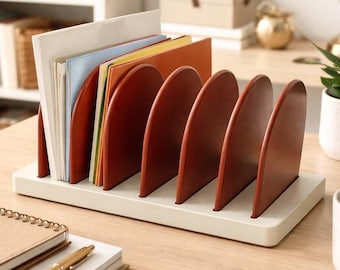 Vintage Mid Century Modern Wood Record Rack Letter Sorter Cream Cognac 7 Slot