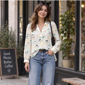 May include: A long-sleeved button-down shirt in an off-white fabric featuring a repeating geometric pattern of thin black, green, and yellow lines. The shirt is paired with blue denim jeans, a black leather belt, and a black shoulder bag.