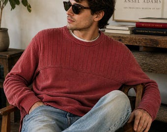 Vintage Sun River Clothing Co heren rode katoenen geribbelde gebreide trui met ronde hals, groot