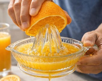 Exprimidor manual de cítricos de vidrio transparente estilo vintage con mango y boquilla.