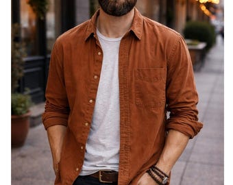 Camisa de manga larga con botones, color marrón óxido, talla XL, para hombre, de algodón lavado, marca Madison Trader color marrón óxido.