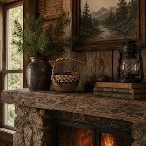 Könnte beinhalten: Eine dunkelbraune Keramikvase gefüllt mit Kiefernzweigen, ein kleiner geflochtener Korb mit Henkel, eine schwarze Metalllaterne und ein Stapel aus drei Büchern mit den Titeln The Wilderness, Forest Life und Wild America auf einem rustikalen Kaminsims.