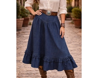 Vintage Wrangler Denim Maxi Skirt Navy Blue Ruffle Hem Western Boho WW204NV 9/10