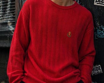 Chaps Ralph Lauren Mens Red Herringbone Knit Cotton Crewneck Sweater Large