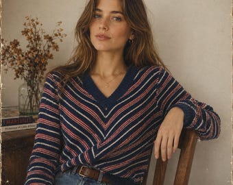 Vintage Gestreifter V-Ausschnitt Pullover Navy Rot Weiß Strick Top Made in Hong Kong Größe S