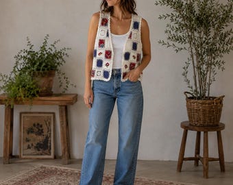 Vintage New Uland gehaakt patchwork hemd met witte bloemen geborduurde boho XL
