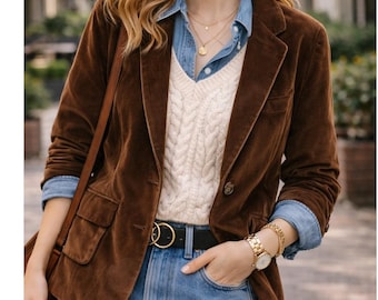 Vintage College-Town Braune Cord Blazer Jacke Single Button Frauen S