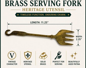 Forchetta da portata vintage in ottone con manico lungo e estremità ricurva, utensile da camino, 28,5 cm.