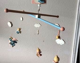 Vintage IRMA Wooden Angel Nursery Mobile Pastel Blue Pink Clouds Celestial Decor