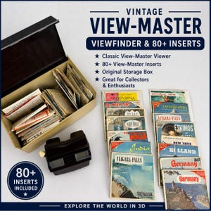 May include: A vintage View-Master viewer with a black plastic body, an open beige storage box containing numerous paper inserts, and a collection of over 80 View-Master reels featuring various global locations and landmarks with printed text.