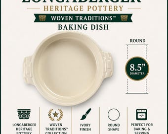 Cazuela redonda para hornear Longaberger Pottery Woven Traditions color marfil, vitrificada.