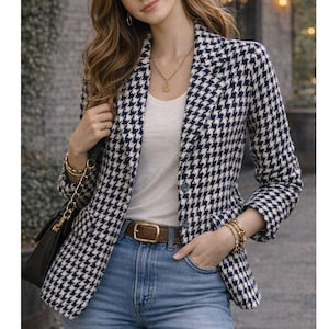 Vintage Houndstooth Blazer Navy Blue Cream Plaid Button Up Jacket Lined Pocket