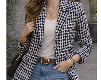 Blazer pied-de-poule vintage Veste boutonnée à carreaux crème bleu marine avec poche