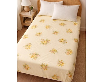 Vintage JCPenney Penn-Prest dubbel hoeslaken gele bloemenstrikken perkal katoen