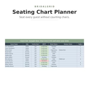 Könnte beinhalten: Eine digitale Sitzplan-Vorlage mit dem Text BRIDALGRID Seating Chart Planner und Seat every guest without counting chairs. Darunter befindet sich eine Gästeliste-Tabelle mit Spalten für Name, Seite, Einladung, RSVP, Mahlzeit, diätetische Hinweise und Tischnummer.