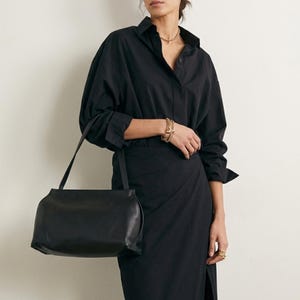 Minimalist Black Leather Shoulder Bag for Women, Large Slouchy Tote Purse, Elegant Everyday Handbag, Modern Work Bag