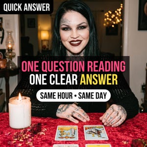 May include: A person with dark hair and tattoos sits at a red velvet table with tarot cards and a lit candle. Text overlays read: QUICK ANSWER, ONE QUESTION READING ONE CLEAR ANSWER, and SAME HOUR • SAME DAY. The person wears a black top.