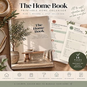 Peut inclure: Le Home Book est un organisateur de maison imprimable avec une couverture illustrée d'une plante et d'un banc, incluant des pages pour les services publics et la décoration. Ce PDF de 14 pages à télécharger contient des sections pour le suivi domestique.