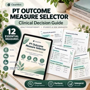 Op de afbeelding: Een PT Outcome Measure Selector klinische besluitvormingsgids voor fysiotherapie bij volwassenen, met 12 essentiële metingen. De set bevat een tabletweergave en geprinte pagina's met tests zoals de Berg Balance Scale en Timed Up and Go.