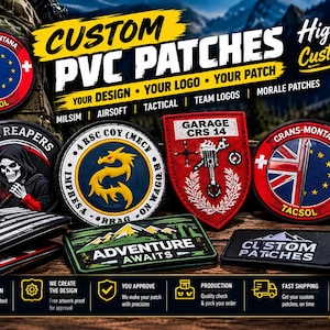 Könnte beinhalten: Eine Sammlung von individuellen PVC-Aufnähern mit verschiedenen Motiven, darunter ein Totenkopf, ein Drache, ein Schild mit Flagge sowie Schriftzüge wie Adventure Awaits und Custom Patches. Die Aufnäher werden mit Symbolen präsentiert, die 3D-Details und Klettverschluss hervorheben.