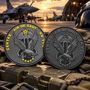 Op de afbeelding: Twee ronde zwarte patches met een reliëfontwerp van een adelaar met gespreide vleugels boven een parachute. De tekst "CENTRE AIR DE SAUT EN VOL" is in de rand gedrukt. Eén patch heeft gele accenten op de tekst en de sterren.