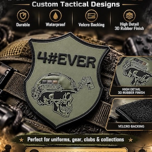 May include: A shield-shaped olive green PVC patch featuring the black text 4#EVER above a graphic of a skull wearing a tactical helmet with night vision goggles. The patch has a black border and a black hook-and-loop fastener backing.
