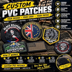 Op de afbeelding: Een verzameling aangepaste PVC-patches met verschillende ontwerpen, waaronder een grimmige maaier, een wolf, een berglandschap en een Amerikaanse vlag. De afbeelding bevat tekst zoals CUSTOM PVC PATCHES, ADVENTURE AWAITS en TEAM ROCKET VAUCLUSIENNE, naast iconen en tekst die het bestelproces uitleggen.