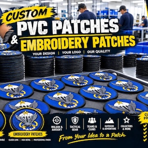 May include: A manufacturing facility display featuring stacks of circular PVC and embroidery patches. The patches are blue with a central graphic of a grey eagle, a yellow star, and white parachute details. Text includes CUSTOM PVC PATCHES & EMBROIDERY PATCHES, YOUR DESIGN, YOUR LOGO, OUR QUALITY, and FROM YOUR IDEA TO A PATCH.