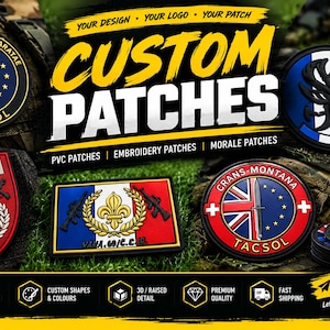 May include: A collection of custom patches featuring various designs including circular and rectangular shapes with emblems, flags, and text like MENS ET MANUS PARATAE, GARAGE CRS 14, and CRANS-MONTANA. The patches display diverse colours and graphics.