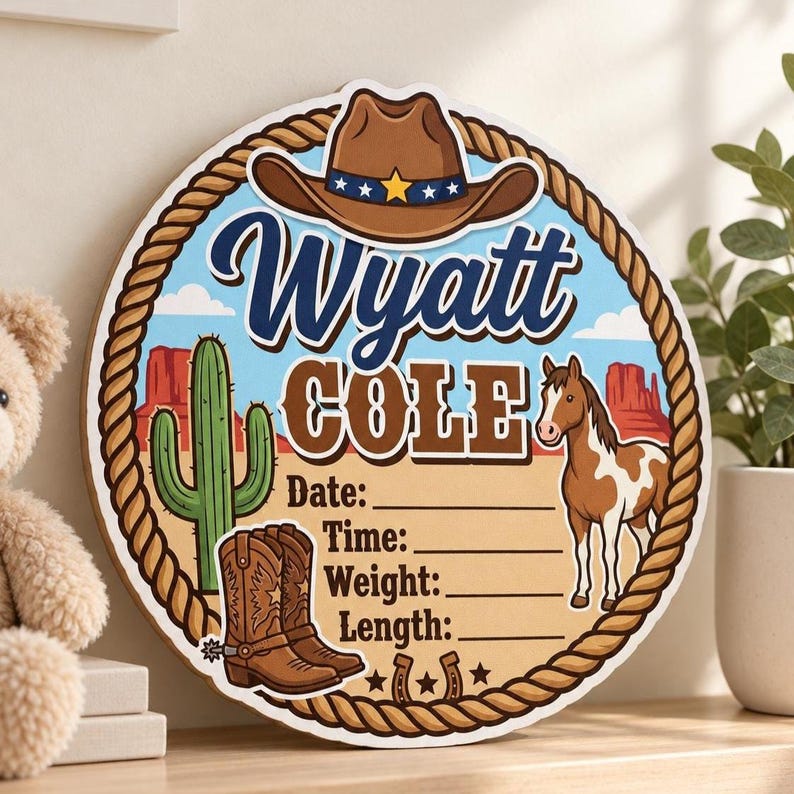 Cowboy Rope Writing Cowboy Birth Stats Sign | Western Nursery Wall Art | Personalized Birth ...