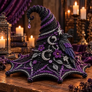 May include: A crocheted witch hat in black and purple featuring a pointed, curved top with a dangling purple crystal. The hat is decorated with a black raven, crocheted flowers, silver crescent moons, stars, and leaf motifs along the brim.