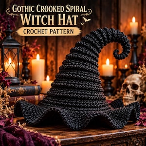 May include: A black crochet witch hat with a crooked, spiraling pointed top and a wide, wavy brim. The text GOTHIC CROOKED SPIRAL WITCH HAT CROCHET PATTERN is displayed above the hat in a decorative font with small bat silhouettes.