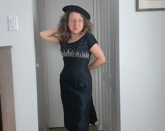 1950s 1960s Silk Shantung Wiggle Dress. Black Du-Rite Empire Waist Dress.