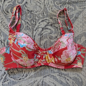 1960s Red Floral Bullet Bra. Vanity Fair 75-419. 32C Underwire Bra.