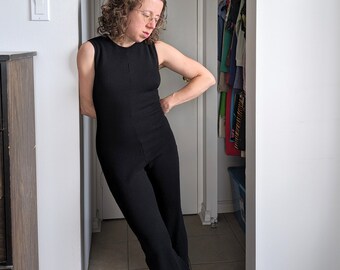 1960s 1970s Knit Black Catsuit. Zazie Sleeveless Cropped Jumpsuit.