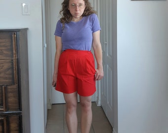 1980s Cotton Shorts. Red Pleated Jazzie Shorts.