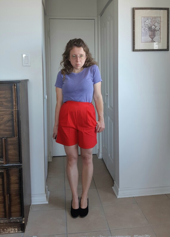 1980s Cotton Shorts. Red Pleated Jazzie Shorts.