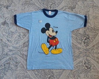 1980s Blue Mickey Florida Tee. Sherry Single Stitch Screen Stars 3D Disney Ringer Tee.