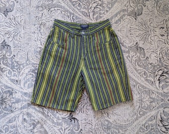 1990s Esprit Sport Cotton Shorts. Green Striped Longer Unisex Shorts.