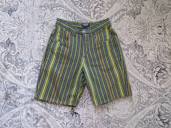 1990s Esprit Sport Cotton Shorts. Green Striped L… - image 1
