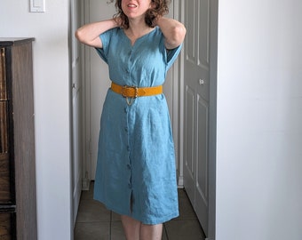 1990s Linen Dress. Blue Linda Lundstrom Button Front Minimalist Dress. M.