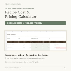 May include: A digital Recipe Cost and Pricing Calculator for Google Sheets and Microsoft Excel. The document features a table titled Recipe economics with columns for unit cost, current price, suggested price, profit, and margin for food items.