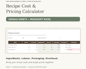 Recipe Cost & Pricing Calculator for Home Bakers | Google Sheets and Excel Spreadsheet