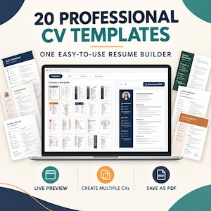 May include: A digital display of 20 professional CV templates and a resume builder on a laptop screen. The interface shows various layout options, a live preview, and a download PDF button. Surrounding the laptop are printed resume examples.