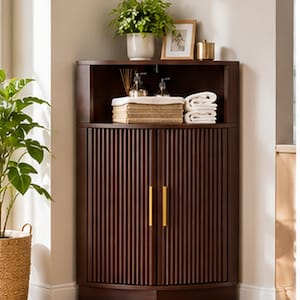 Fluted Corner Bathroom Cabinet with Doors and Gold Handles, 3 Tier Corner Storage Cupboard, Modern Space Saving Bathroom Organizer