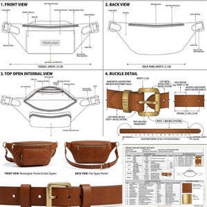 May include: A technical specification sheet for a brown leather fanny pack, detailing front, back, and internal views, along with buckle dimensions. The document includes diagrams, labels, and a table showing an overall width of 23 inches.