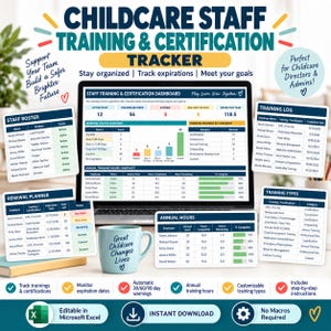 Könnte beinhalten: Ein digitaler Tracker für Schulungen und Zertifizierungen von Kinderbetreuungspersonal auf einem Laptop-Bildschirm, umgeben von gedruckten Dashboard-Modulen wie Dienstplan, Planer und Protokoll sowie einer hellblauen Tasse.